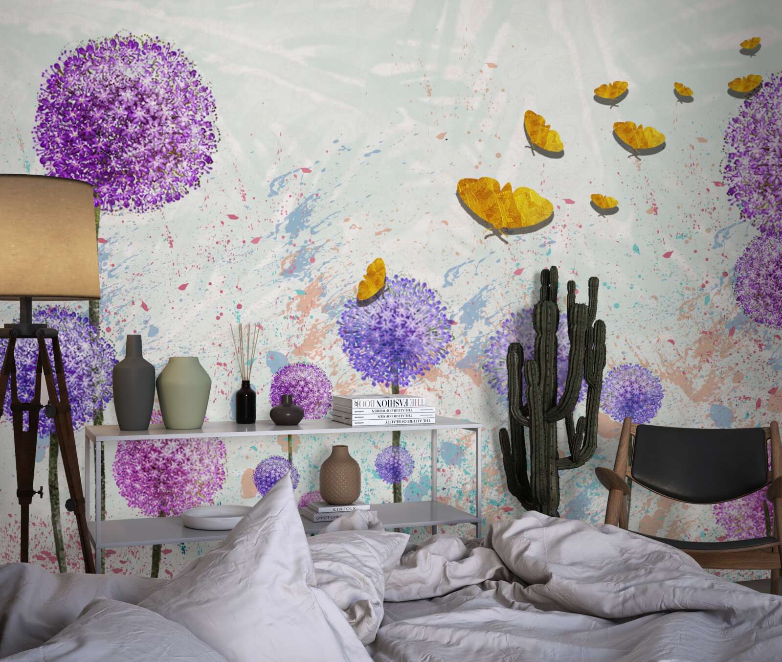 Papier peint des asclépiades multicolores et des papillons d'un or éclatant