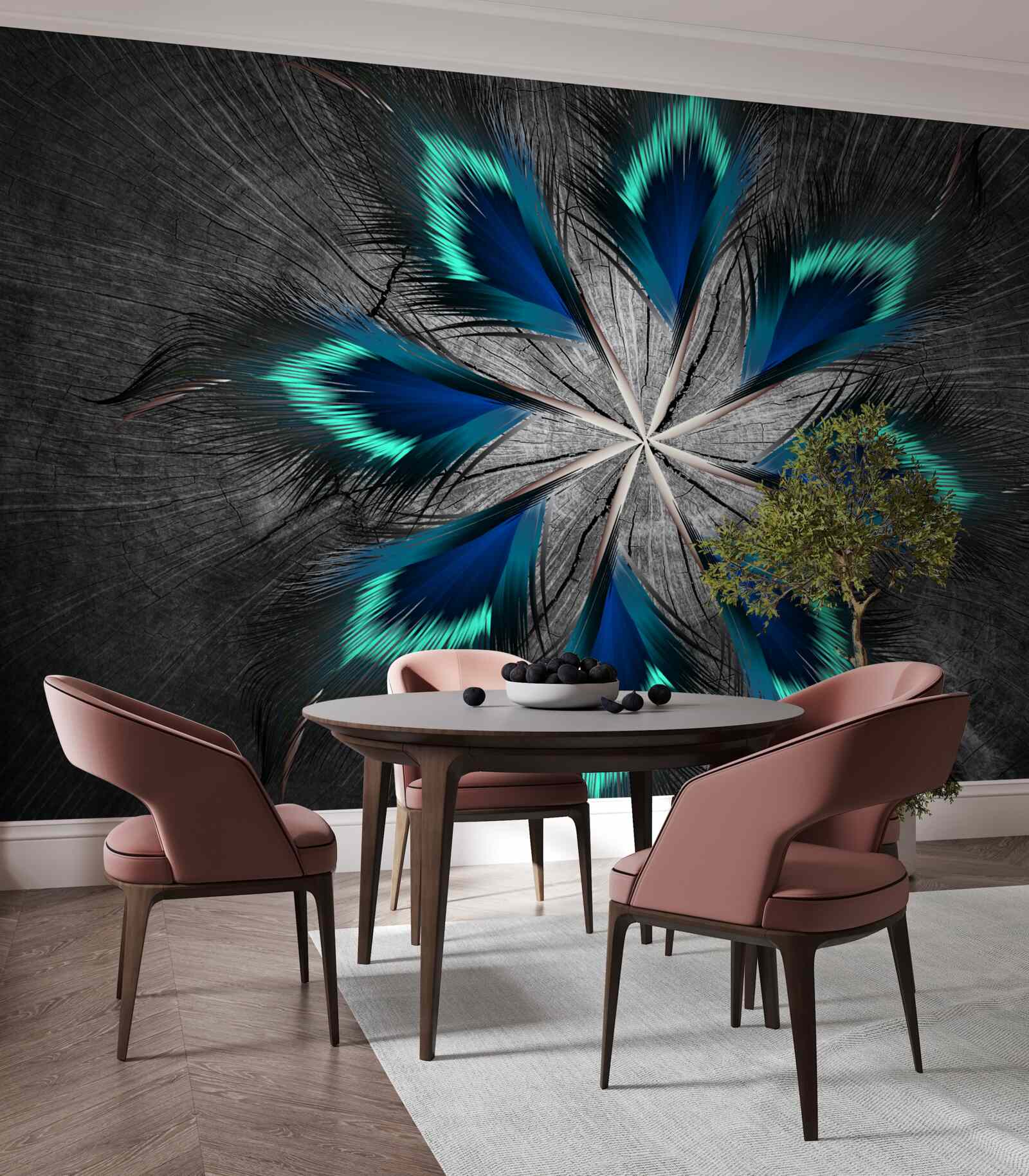 Papier peint plumes de paon en forme d'étoile avec motif abstrait