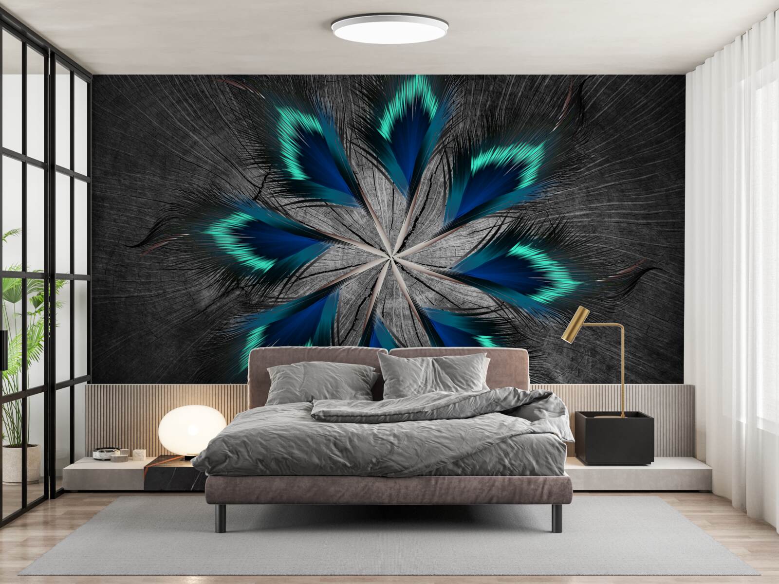 Papier peint plumes de paon en forme d'étoile avec motif abstrait