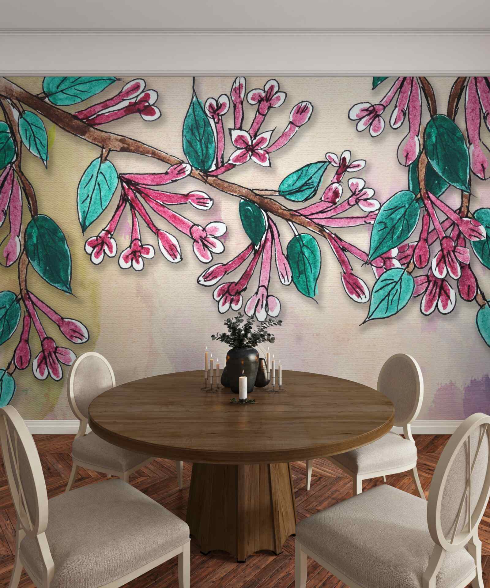 Papier peint branche de sakura fleurit et laisse un
