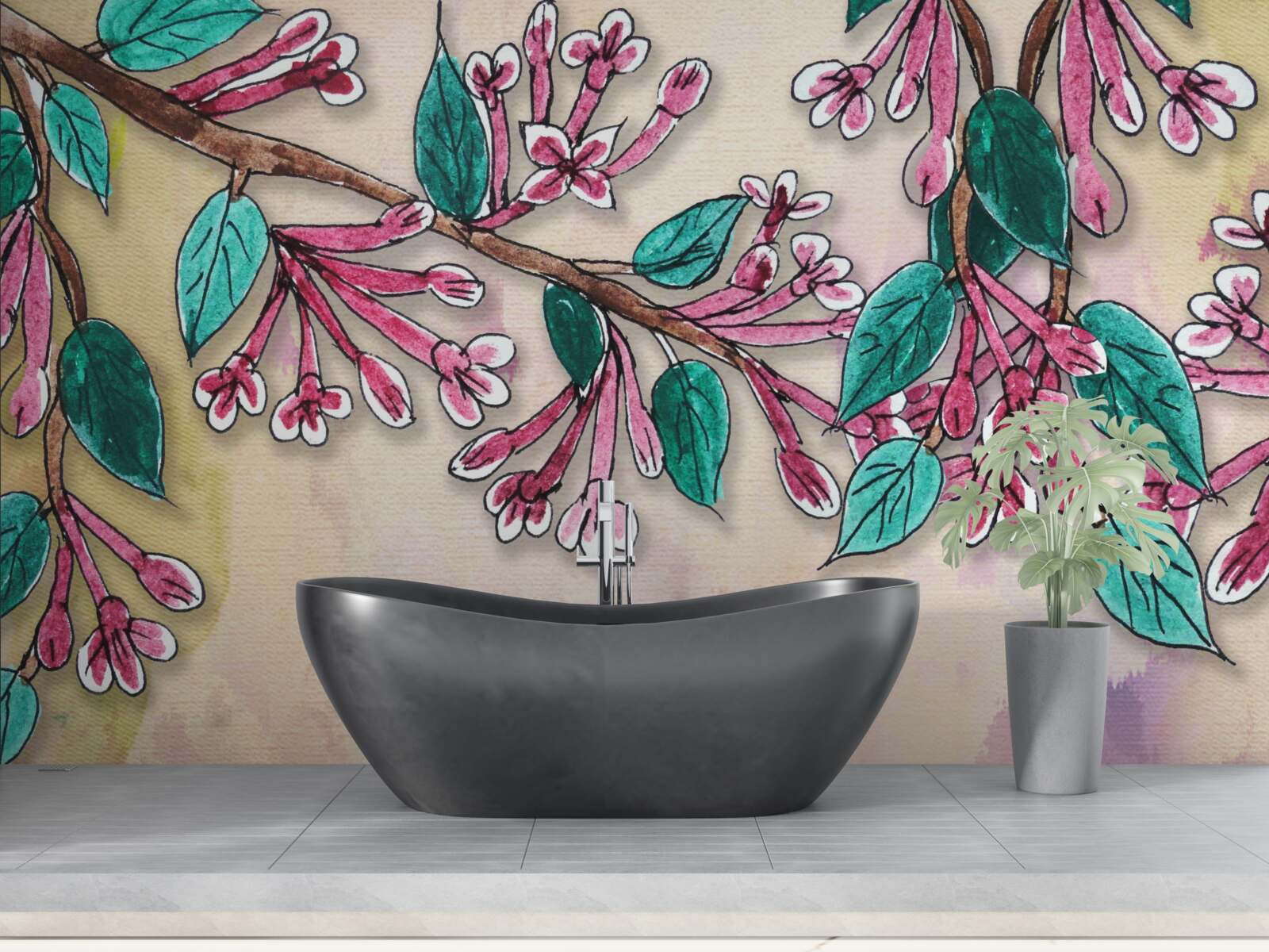 Papier peint branche de sakura fleurit et laisse un