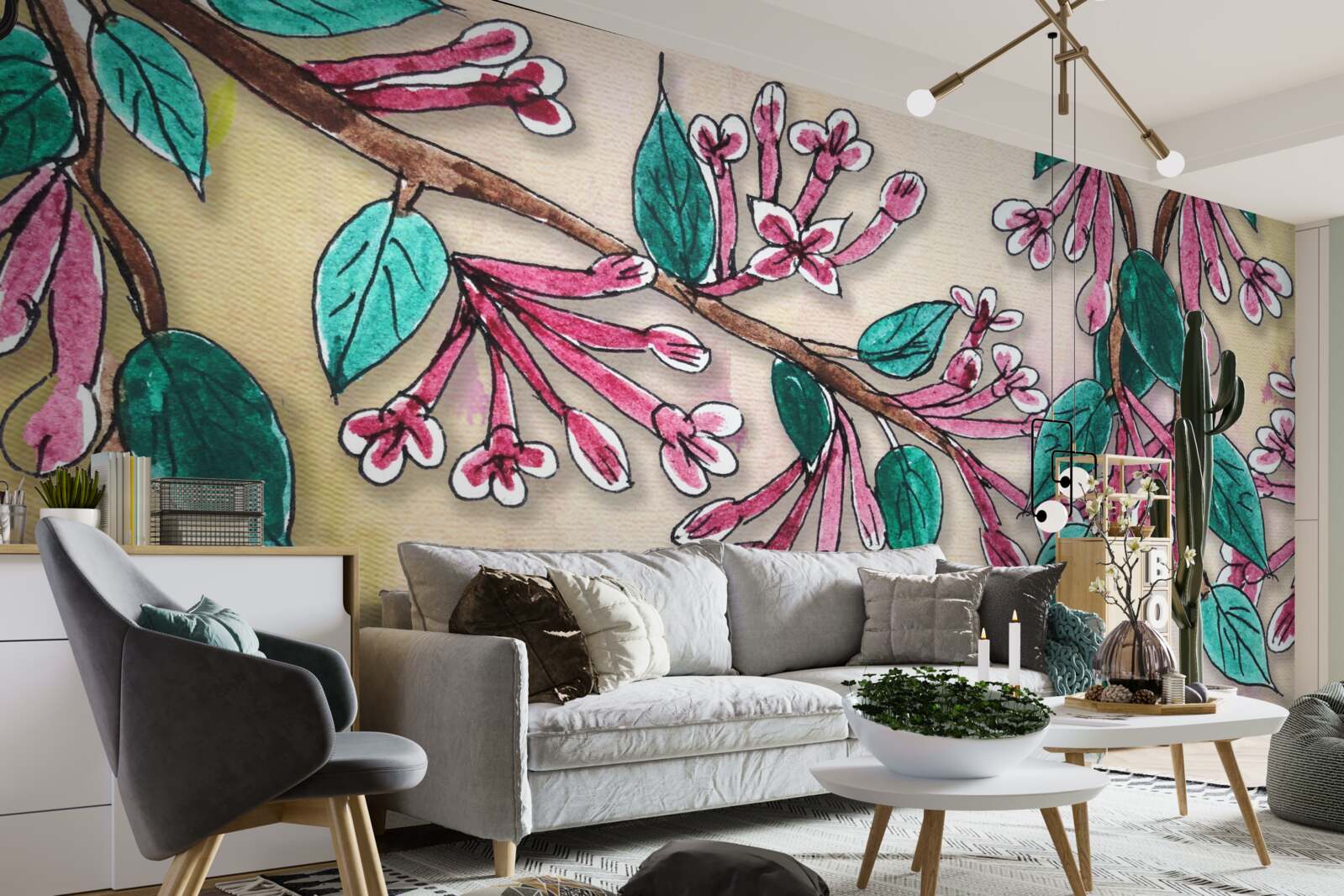 Papier peint branche de sakura fleurit et laisse un