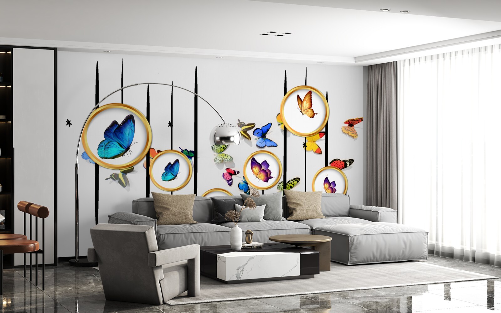 Papier peint sur fond blanc, des papillons entourés de cercles dorés