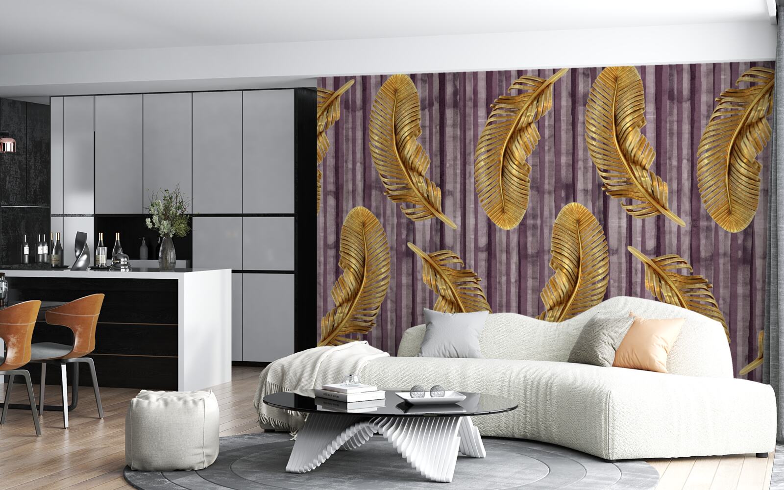 Papier peint fond violet décoré de plumes d'or