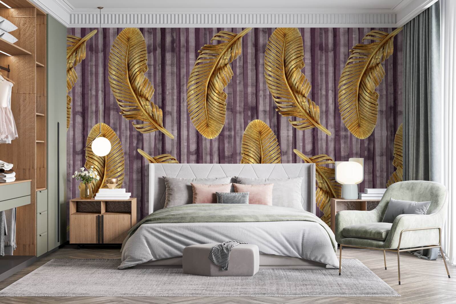 Papier peint fond violet décoré de plumes d'or