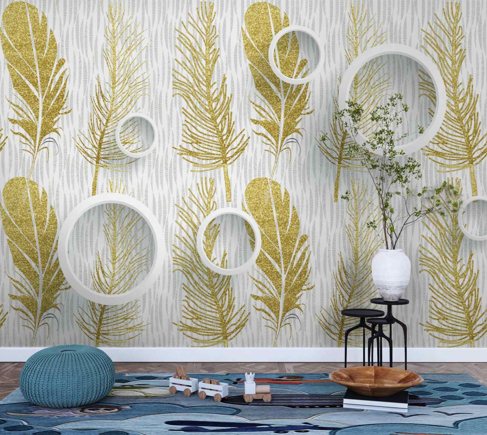 Papier peint plumes d'or et cercles blancs de neige
