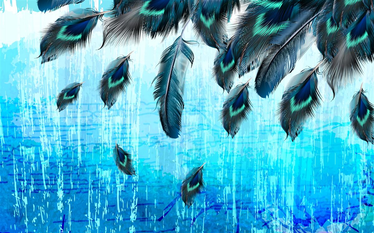 Papier peint plumes de paon tombant au sol