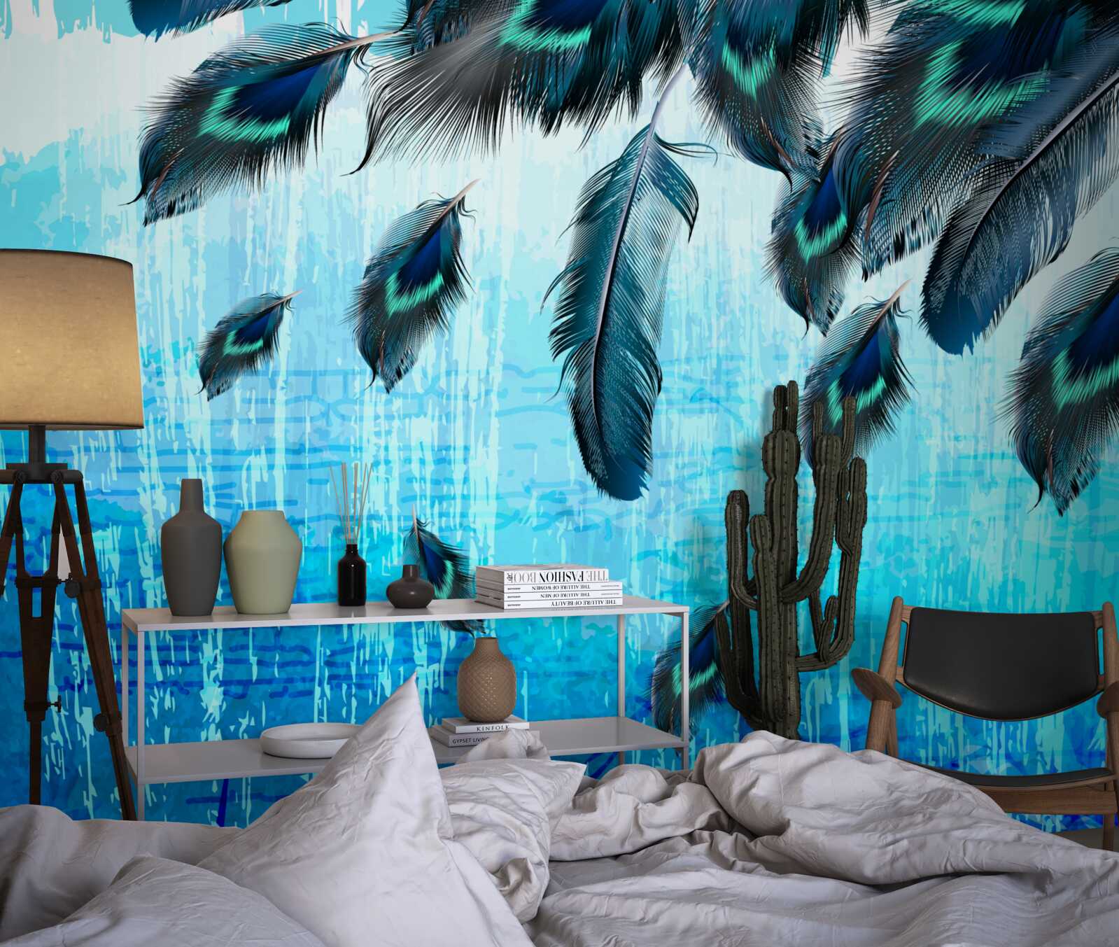 Papier peint plumes de paon tombant au sol