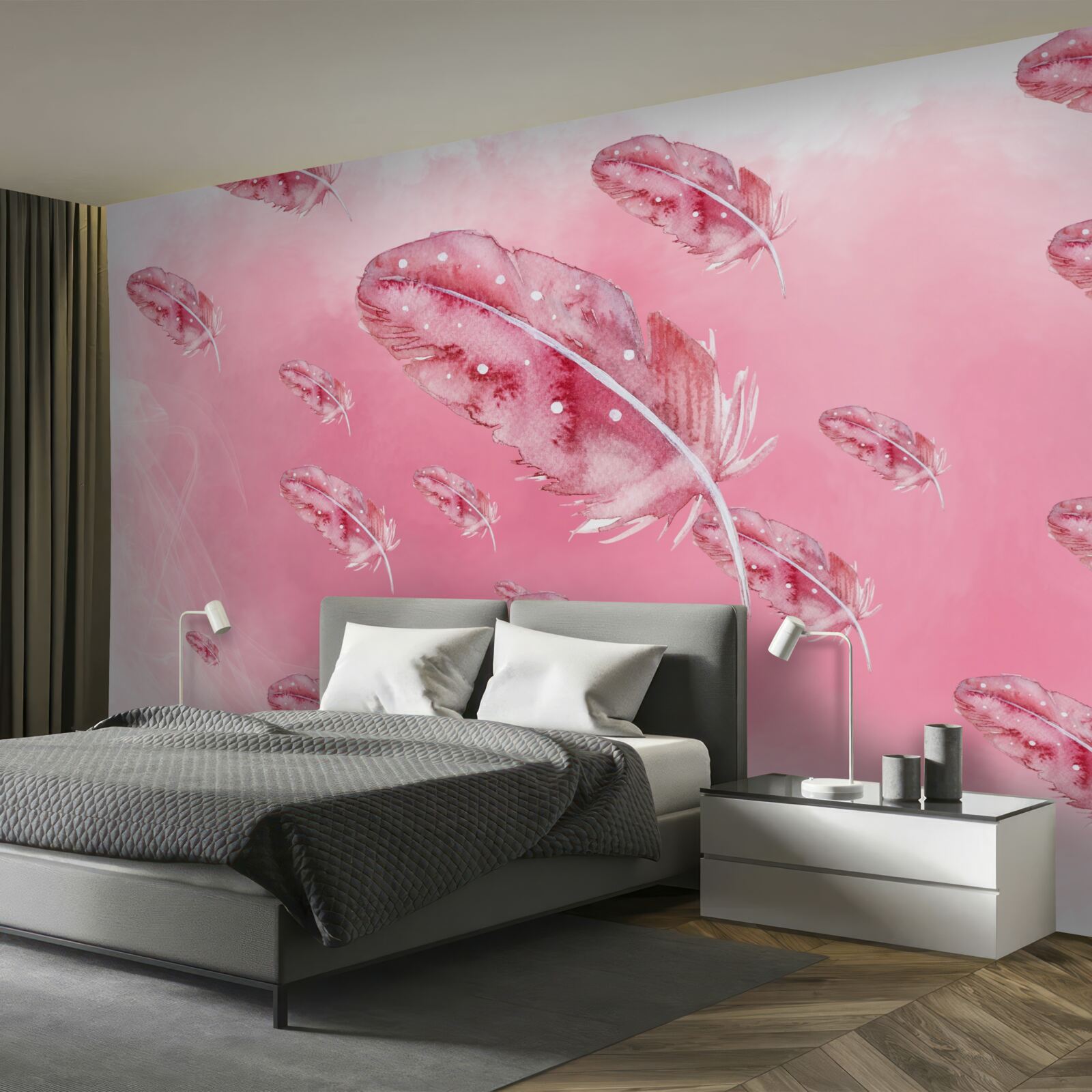 Papier peint plumes roses sur fond rose