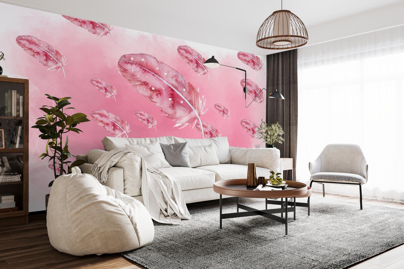 Papier peint plumes roses sur fond rose