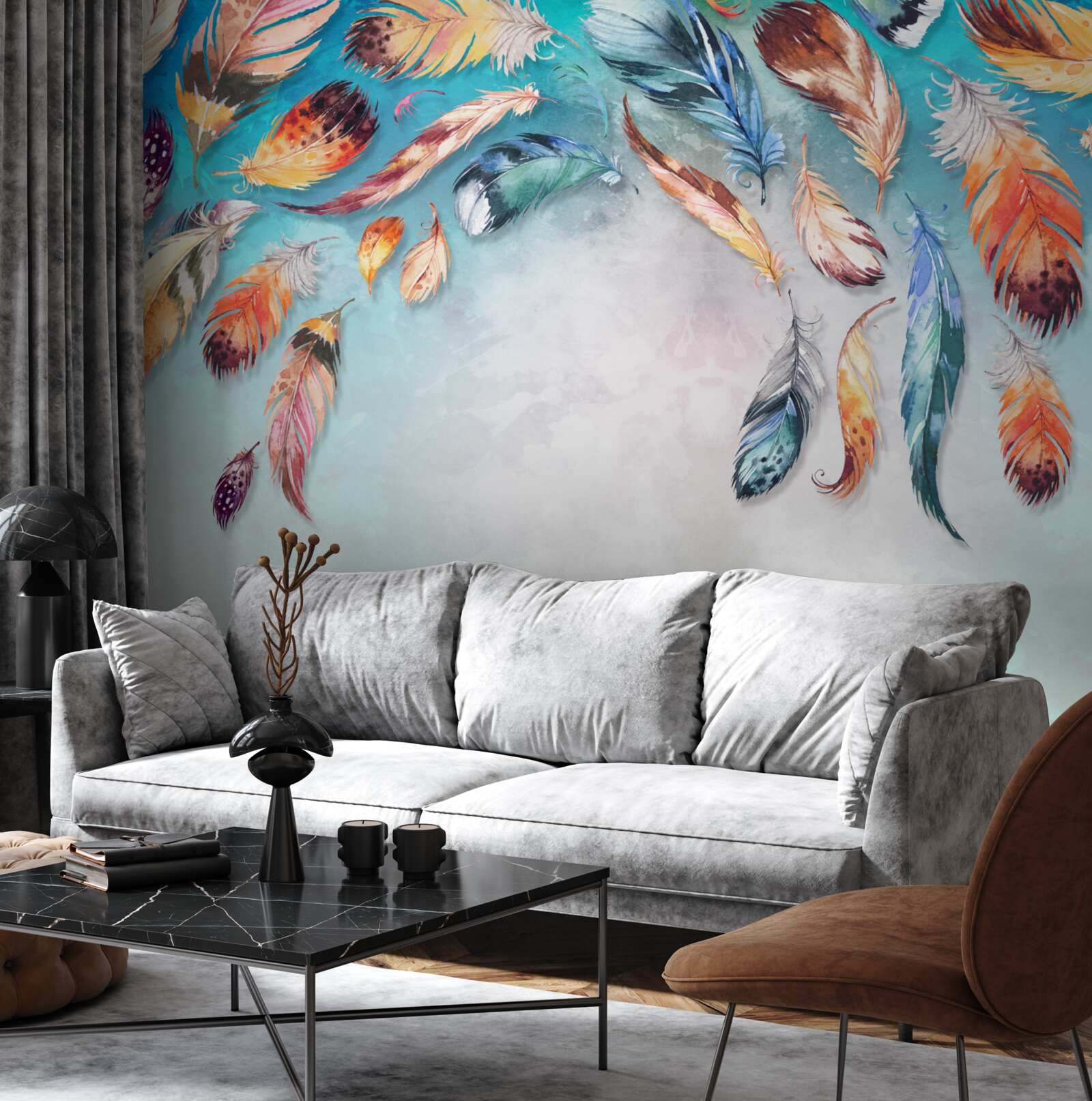 Papier peint plumes tombantes avec différentes nuances de lumière