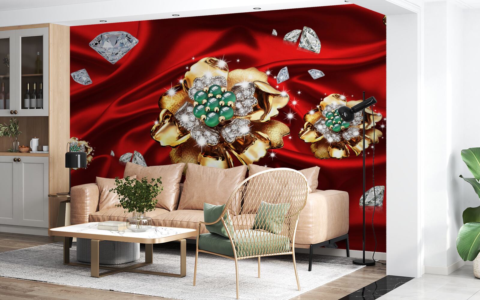 Papier peint des fleurs en or et décorées de diamants sont placées sur de la soie rouge