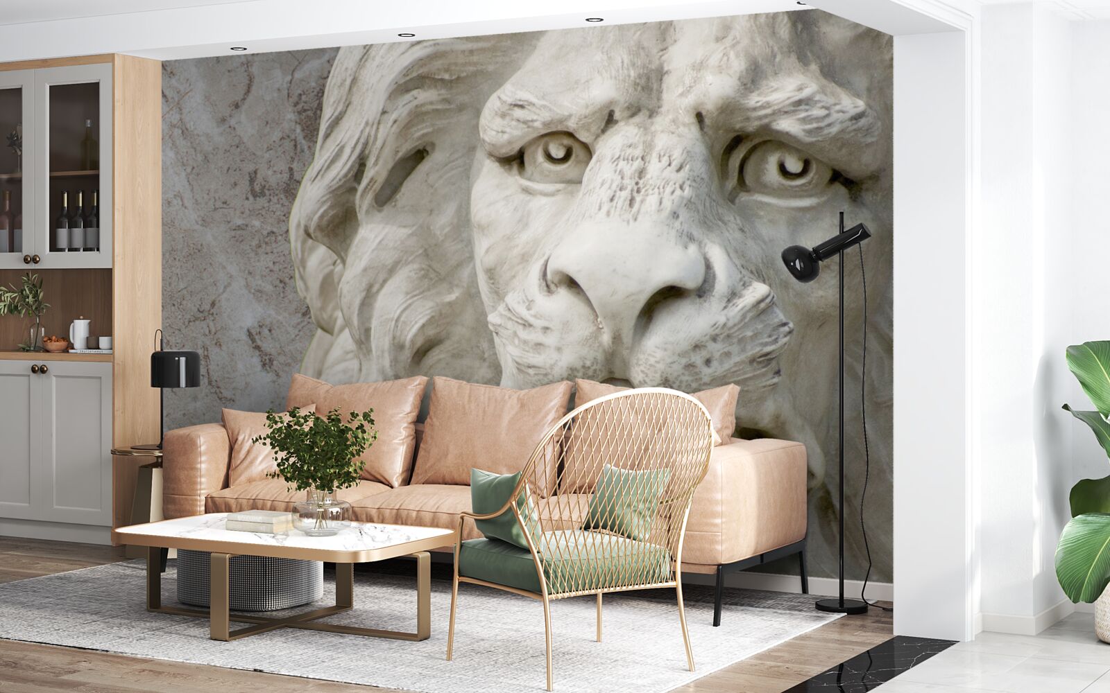 Papier peint tête de lion en bas-relief