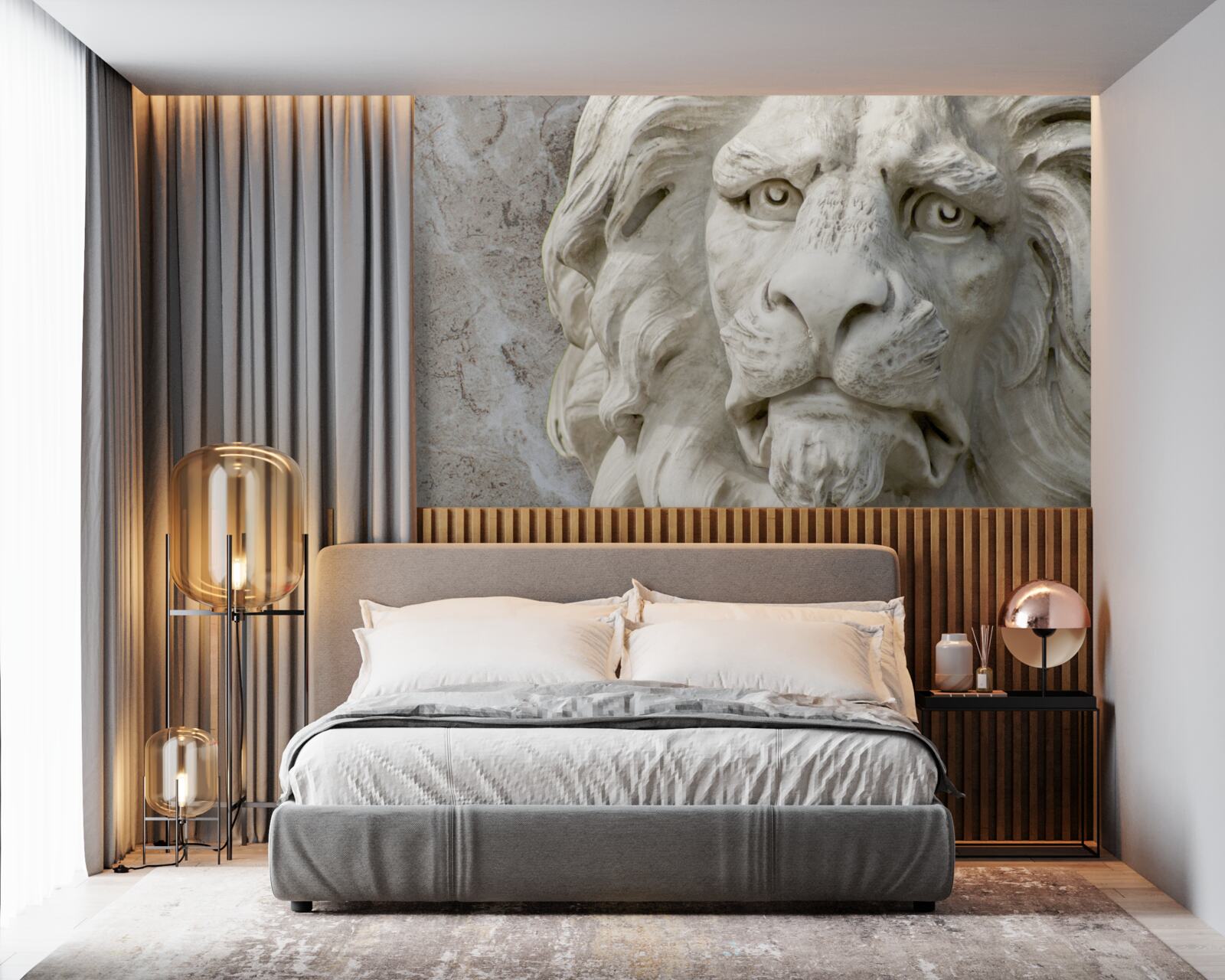 Papier peint tête de lion en bas-relief