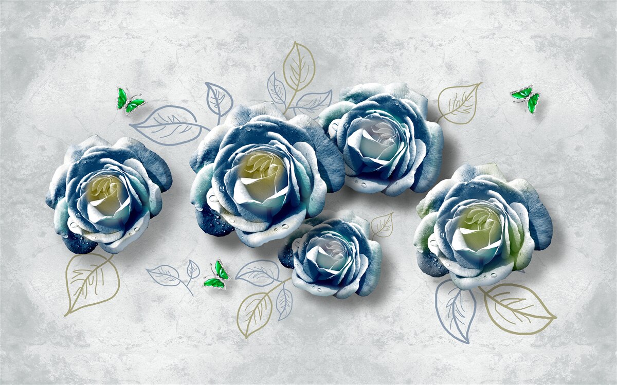 Papier peint roses avec une coloration bleu-blanc inhabituelle