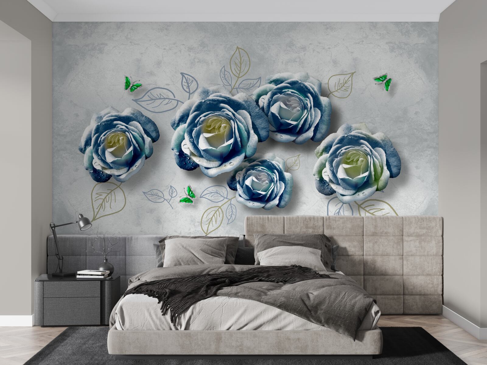 Papier peint roses avec une coloration bleu-blanc inhabituelle