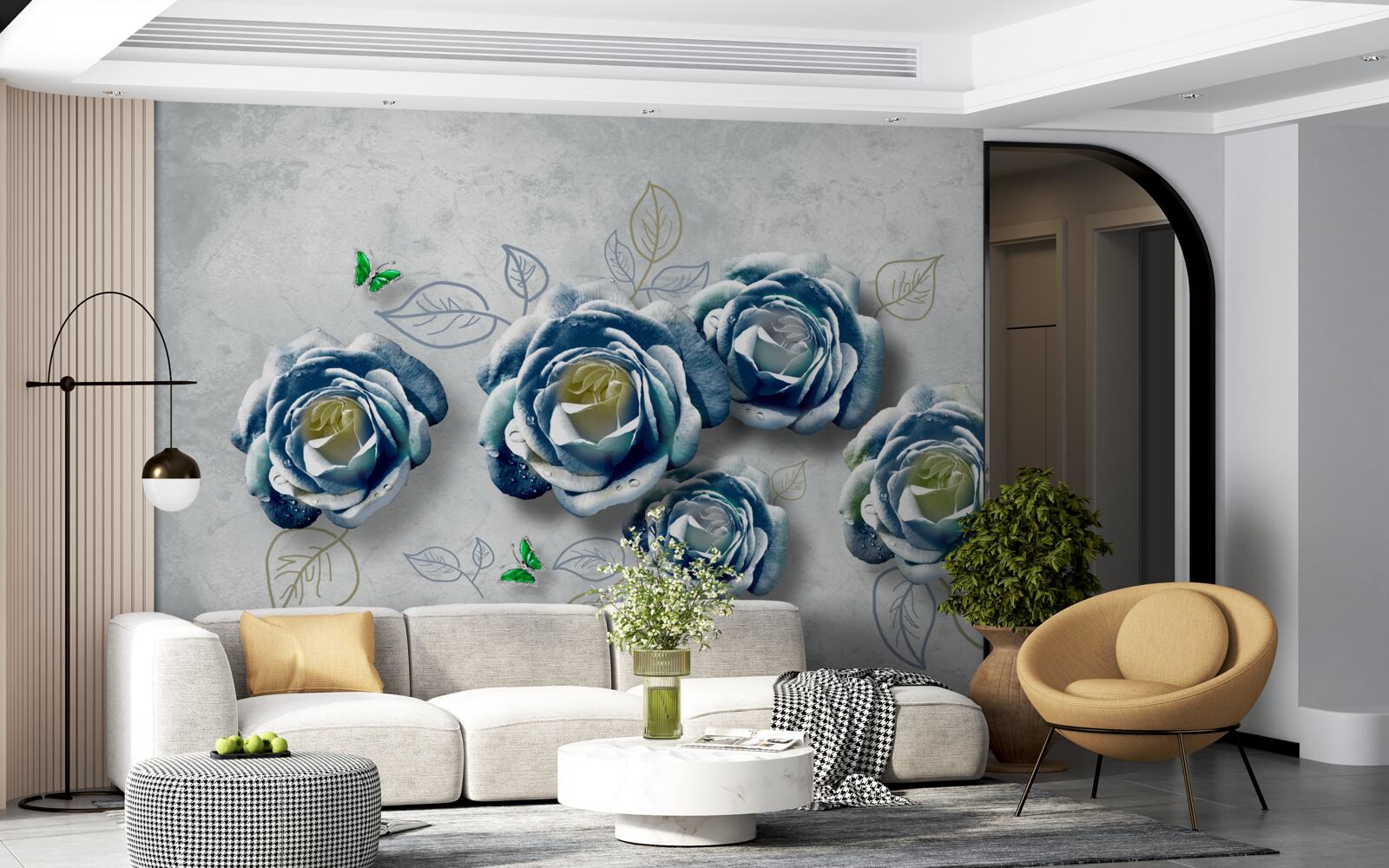 Papier peint roses avec une coloration bleu-blanc inhabituelle