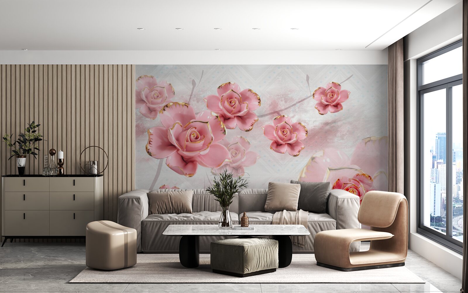 Papier peint roses avec bordures en or rose