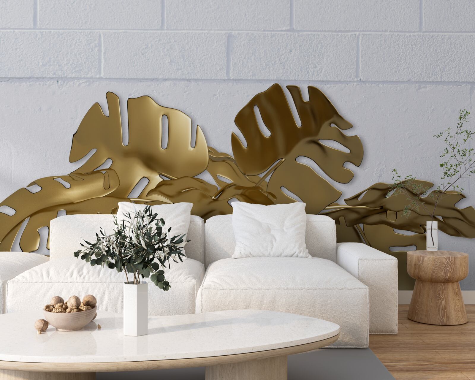 Papier peint Feuilles de cuivre tropicales sur la surface d'une brique