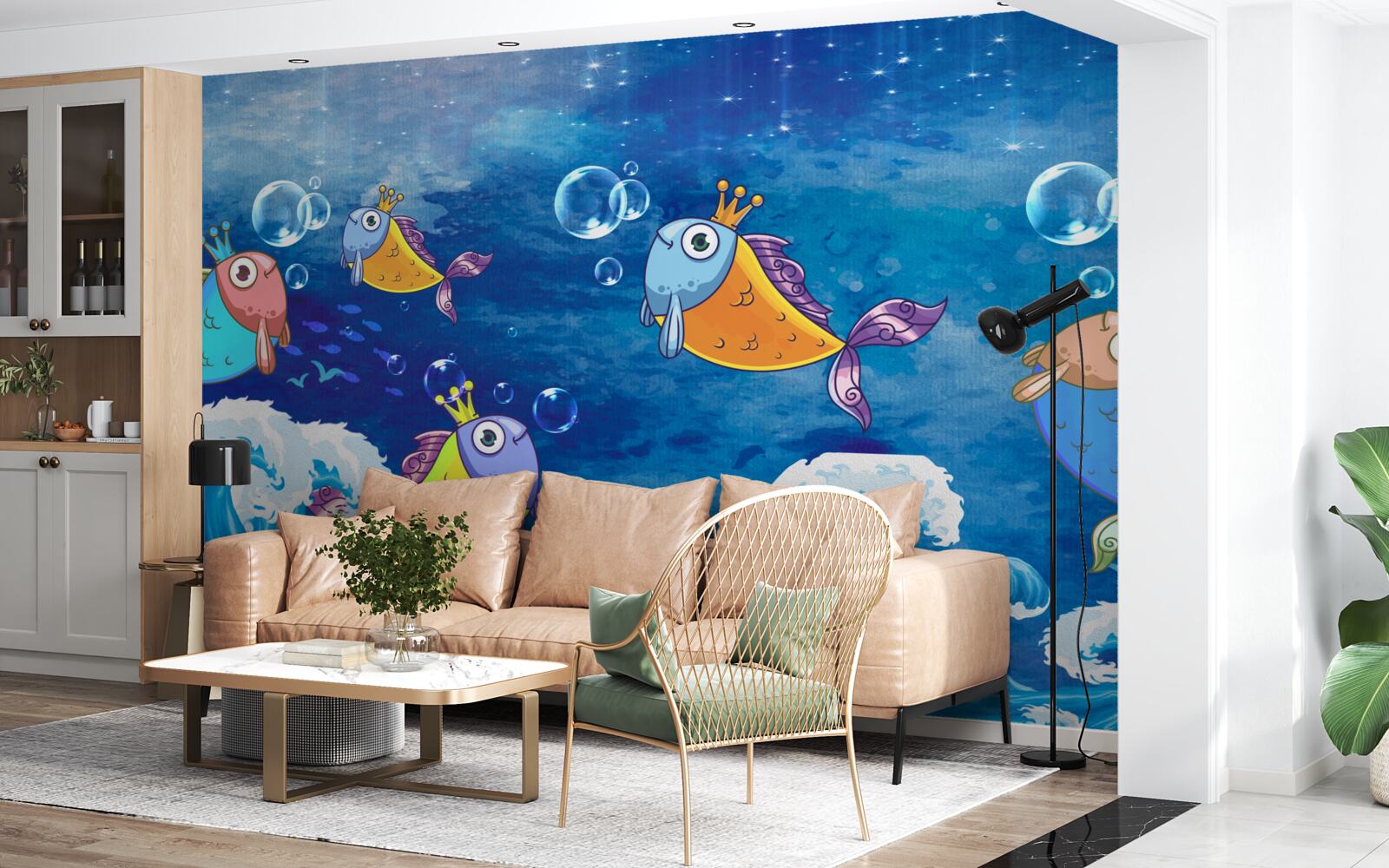 Papier peint poissons animés avec des diadèmes royaux