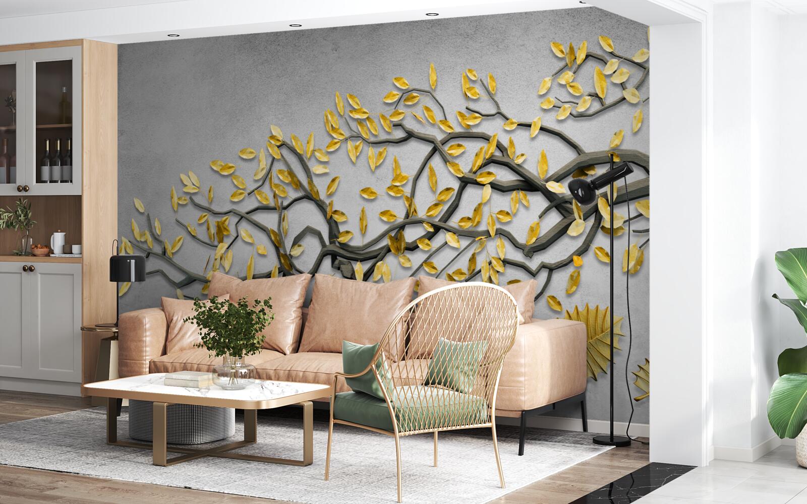 Papier peint branche avec feuilles d'automne dorées