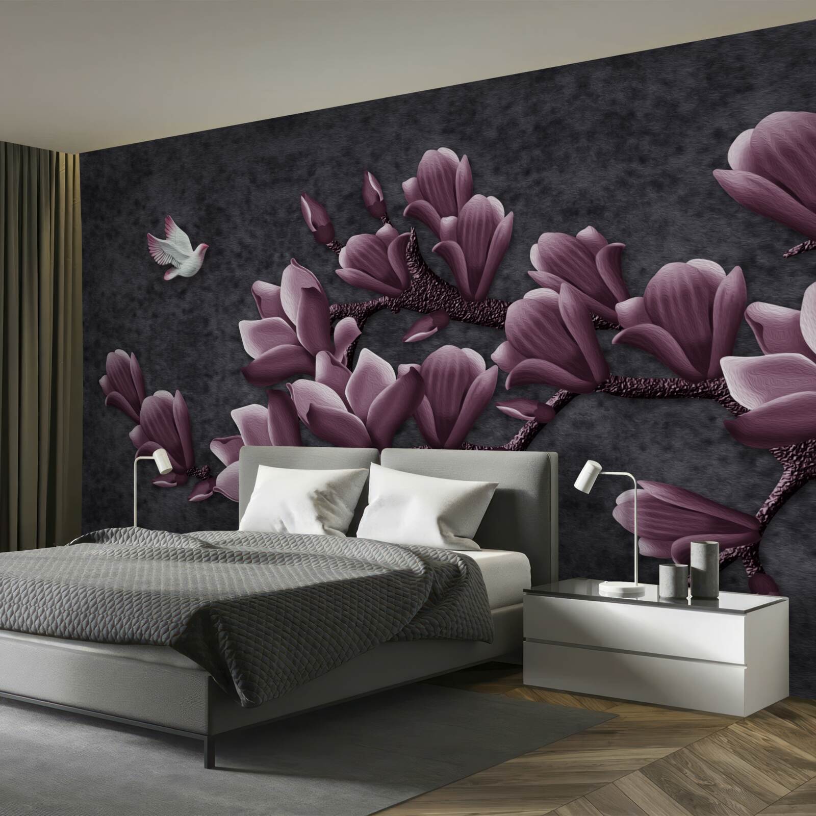 Papier peint teinte lilas de l'oiseau et du magnolia