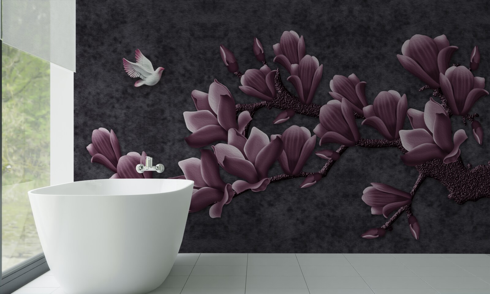 Papier peint teinte lilas de l'oiseau et du magnolia