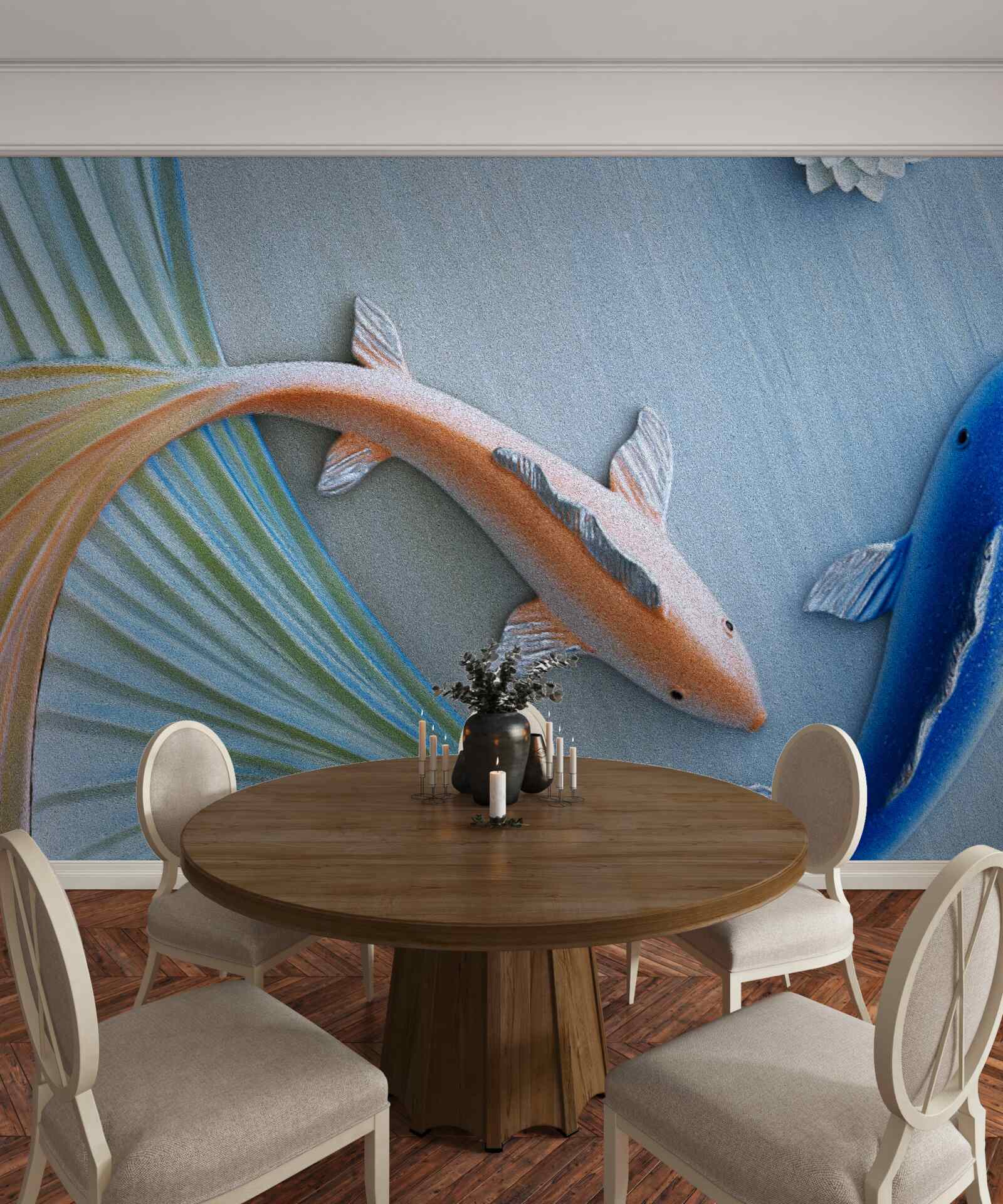 Papier peint des poissons bleus et dorés nagent dans l'eau