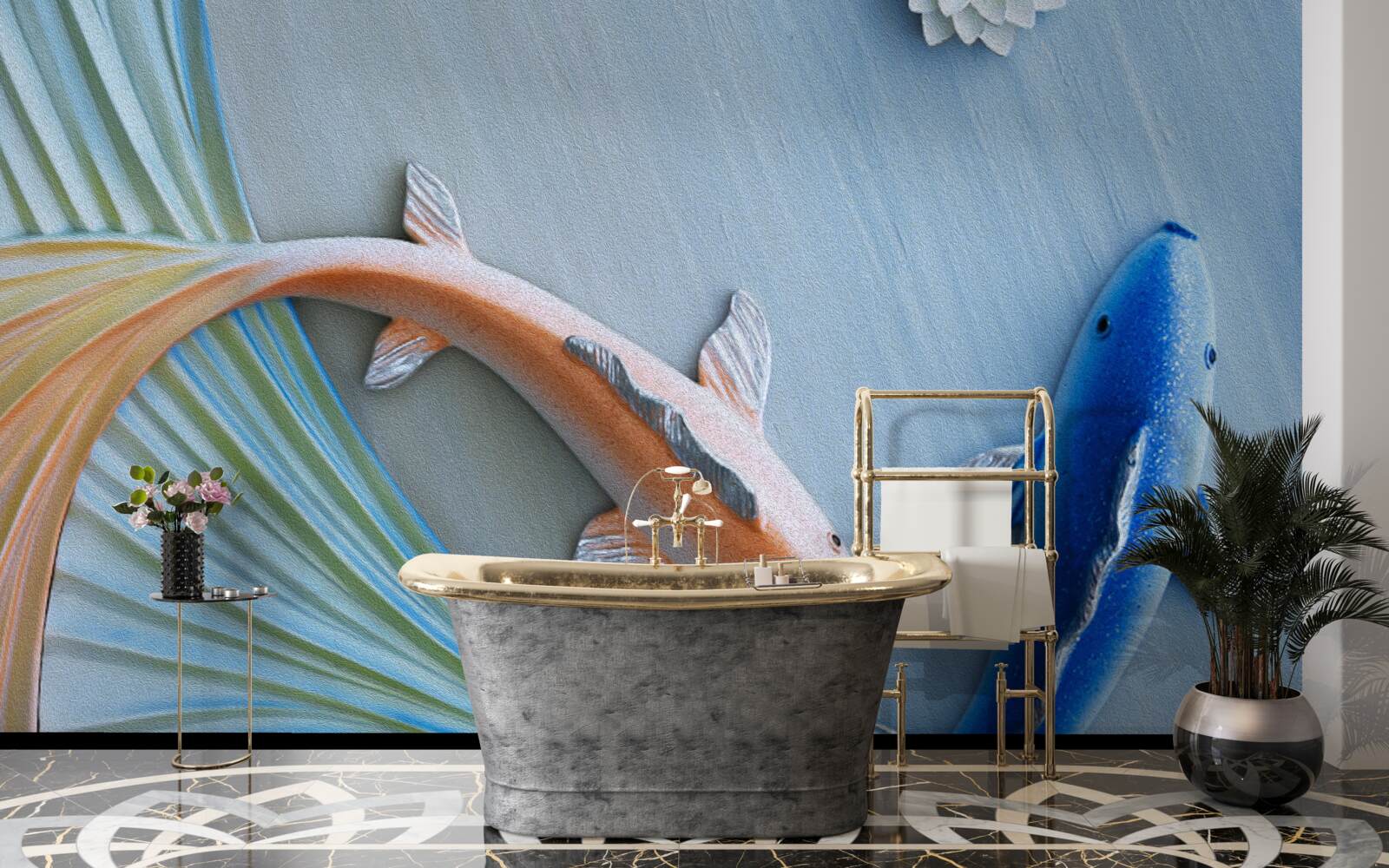 Papier peint des poissons bleus et dorés nagent dans l'eau
