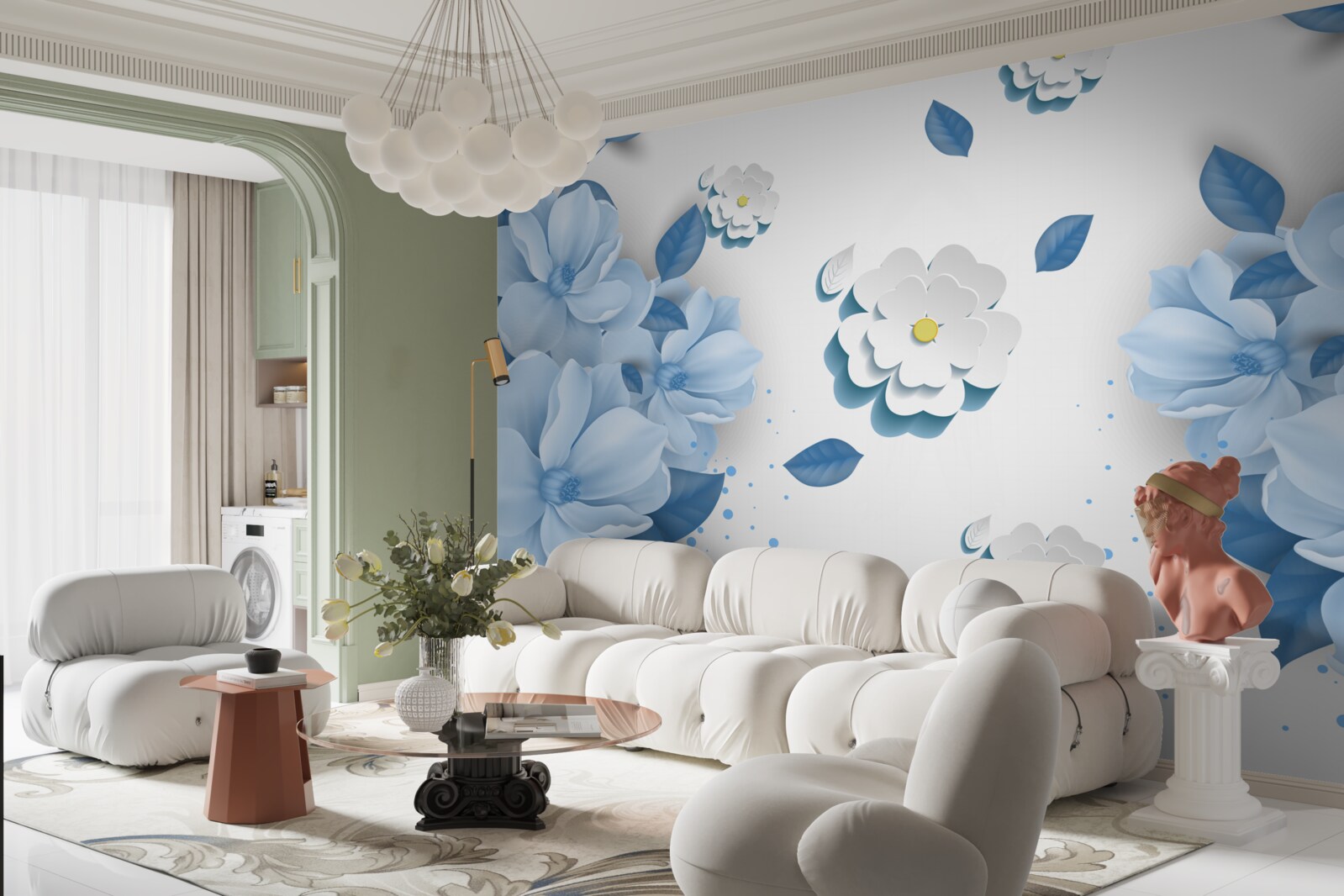 Papier peint fleurs bleues sur fond blanc neige