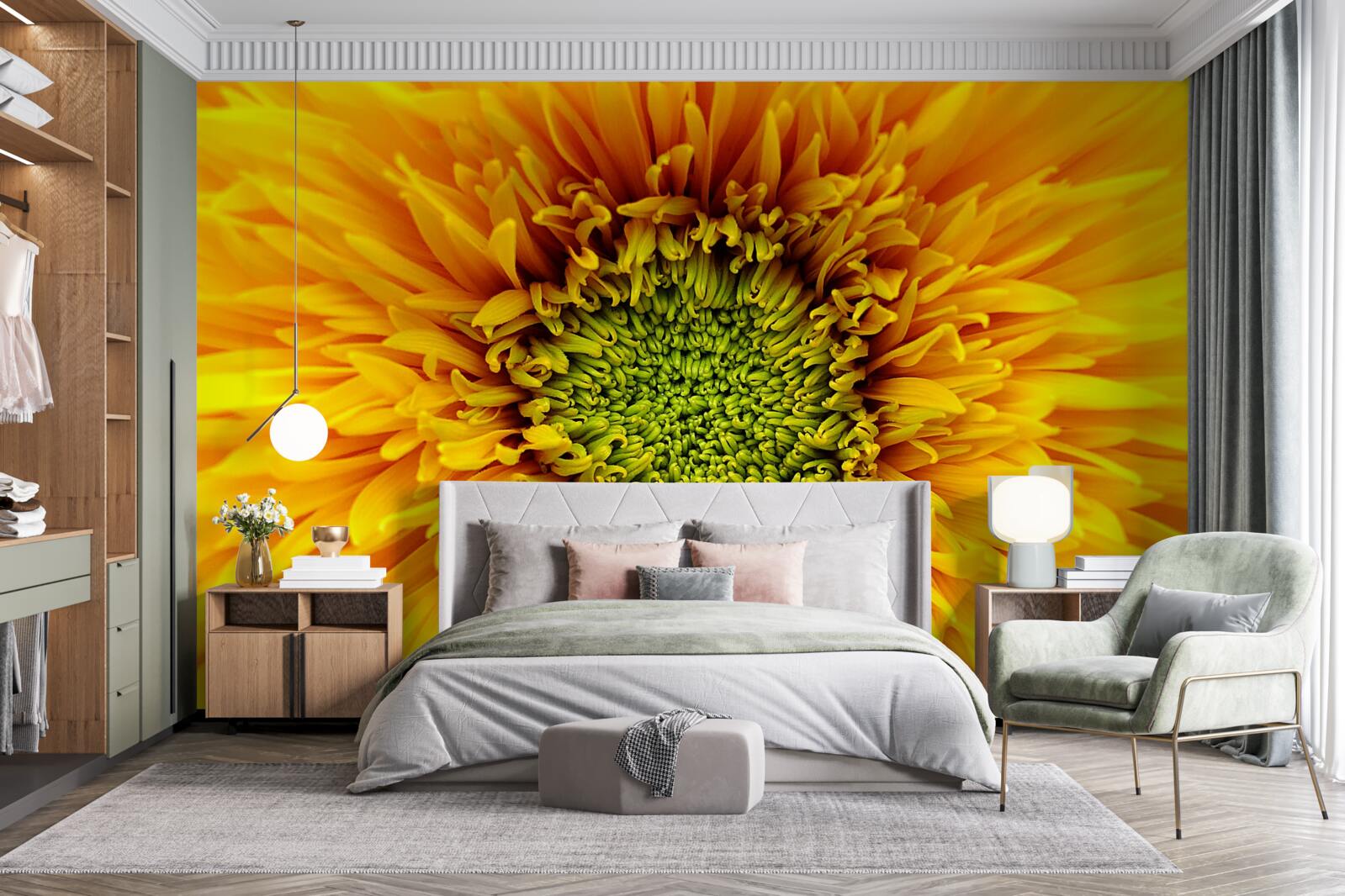 Papier peint chrysanthème à pétales jaune pâle