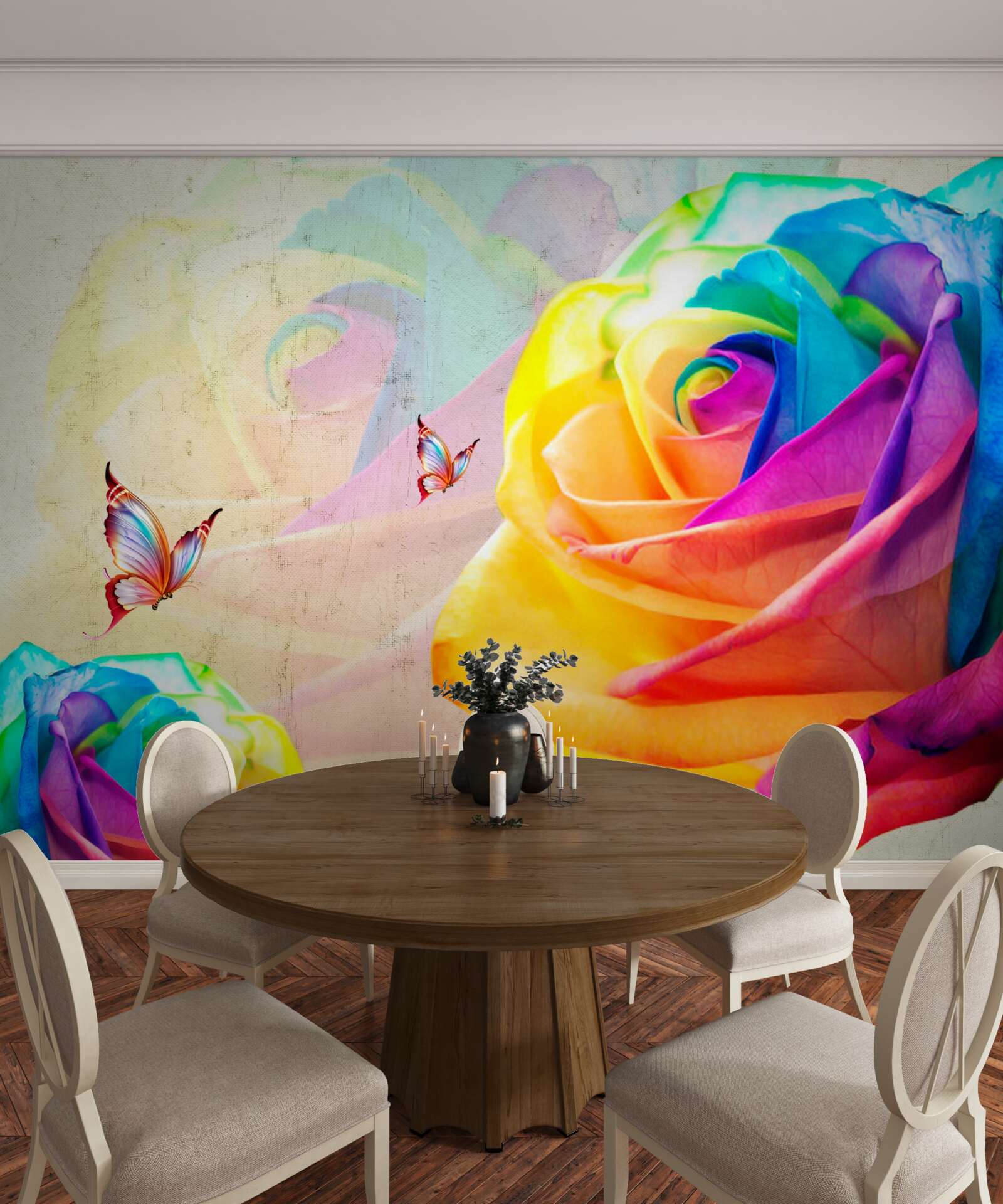 Papier peint rose aux couleurs de l'arc-en-ciel
