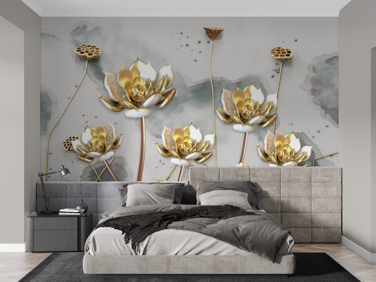 Papier peint fleurs dorées sur des tiges gracieuses