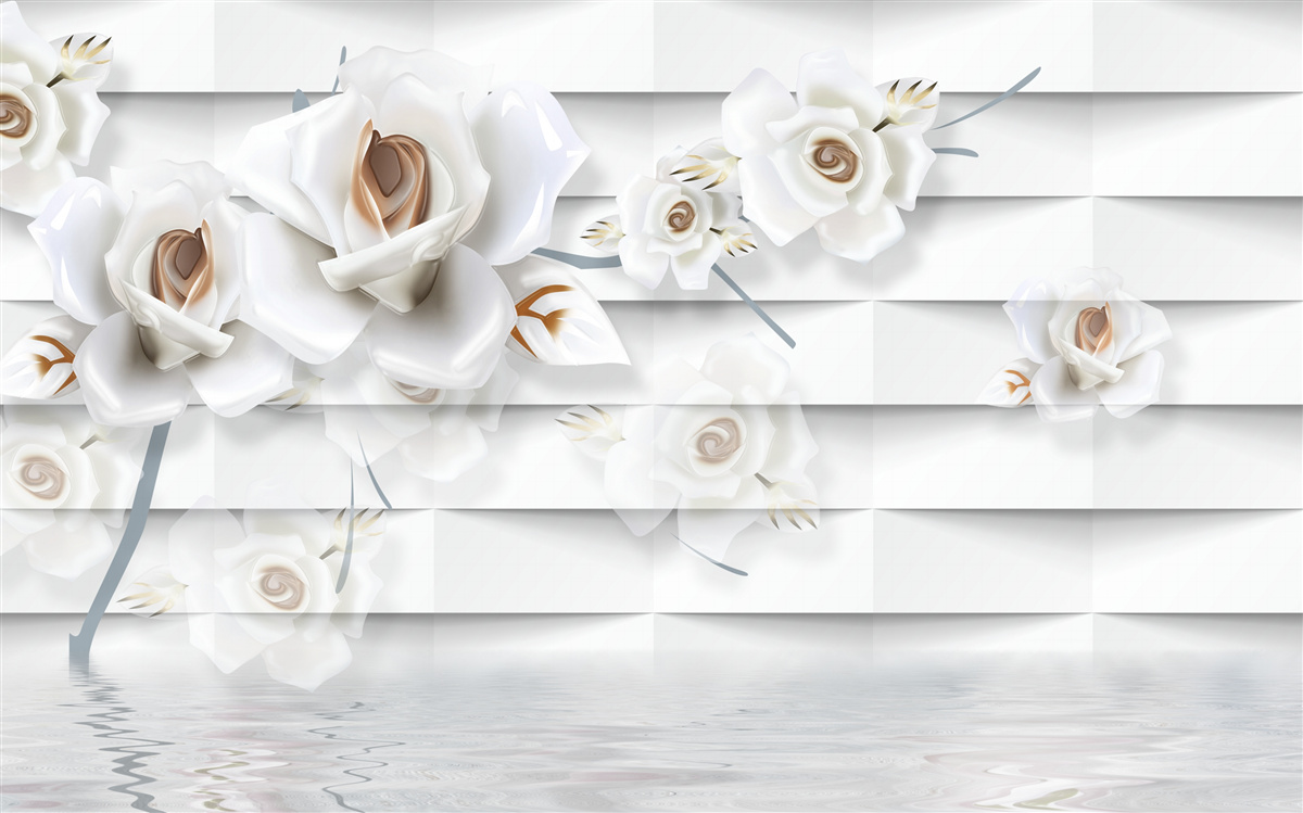 Papier peint l'eau calme est parsemée de fleurs blanches