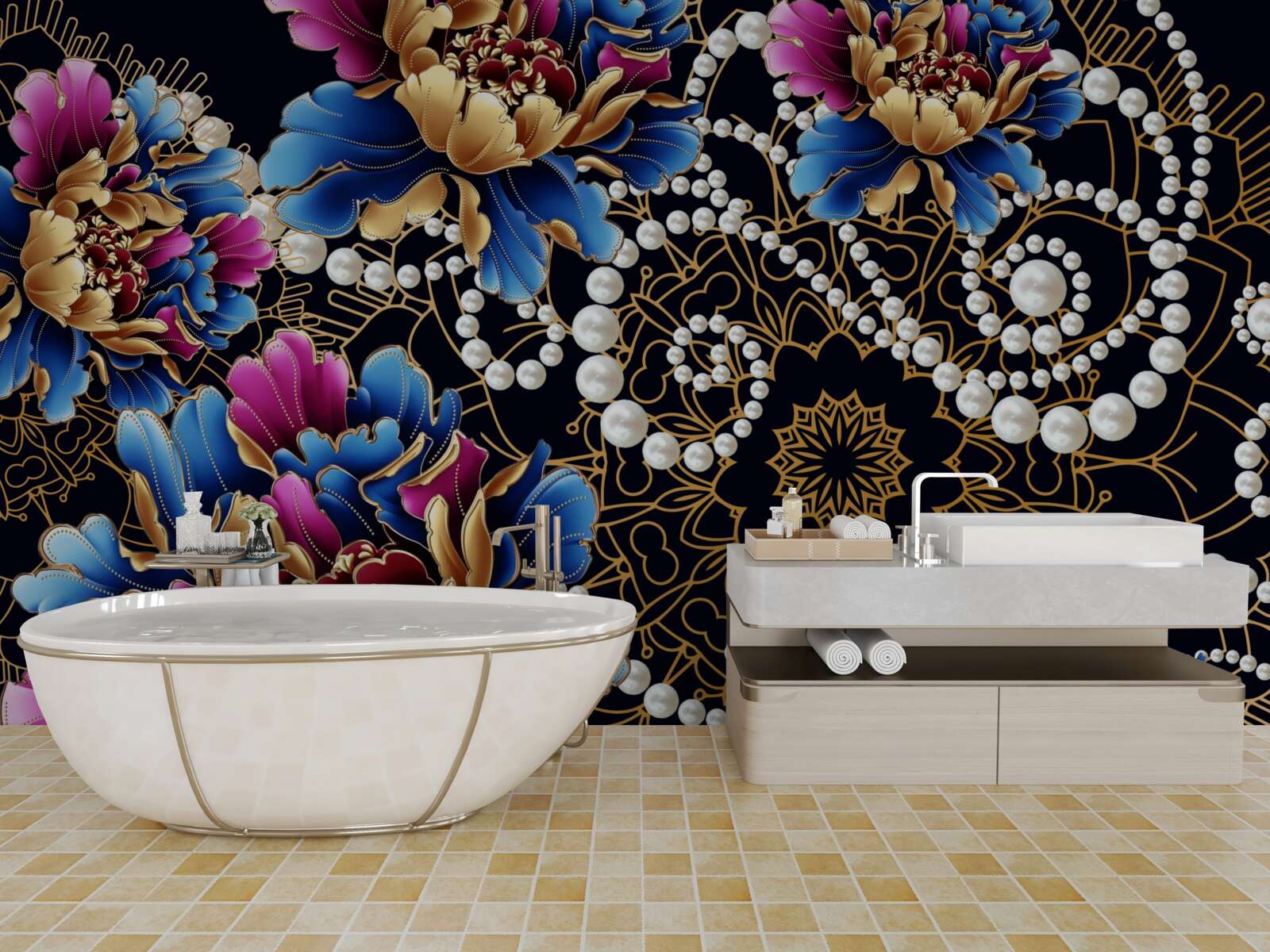 Papier peint bijoux et fleurs créent un ensemble abstrait