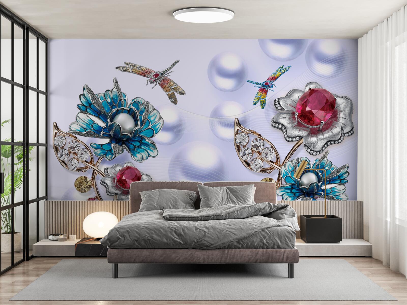Papier peint des pierres de joaillerie avec des motifs floraux et des images de libellules