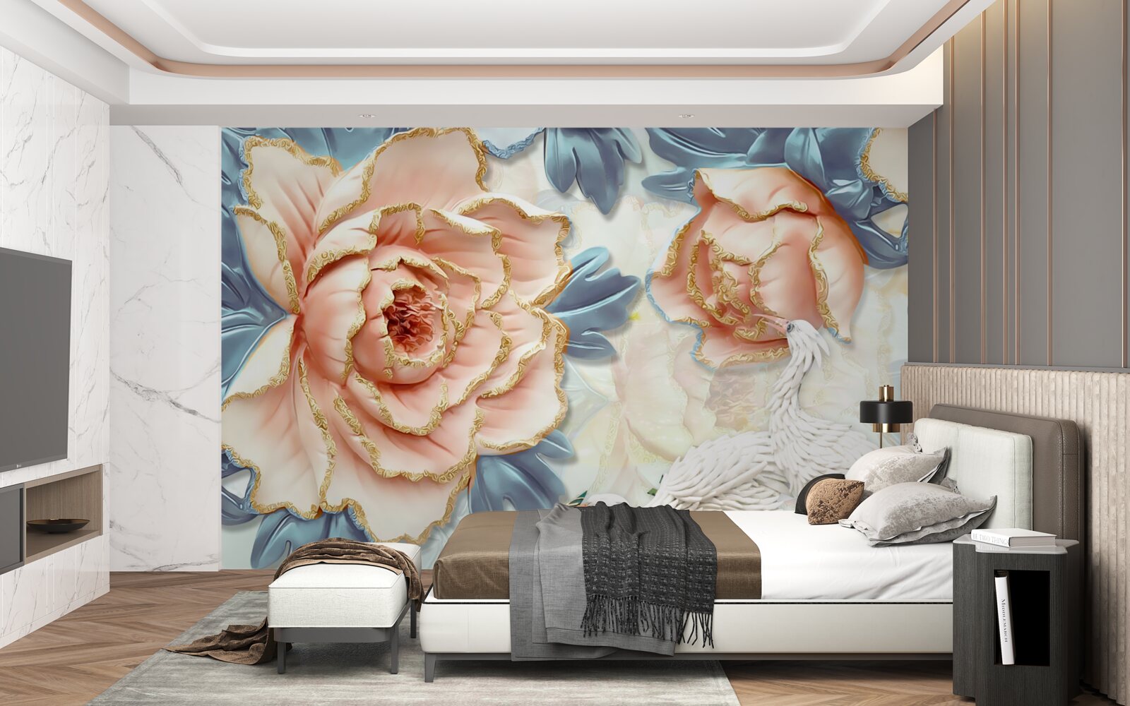 Papier peint roses pêche et cygnes blancs