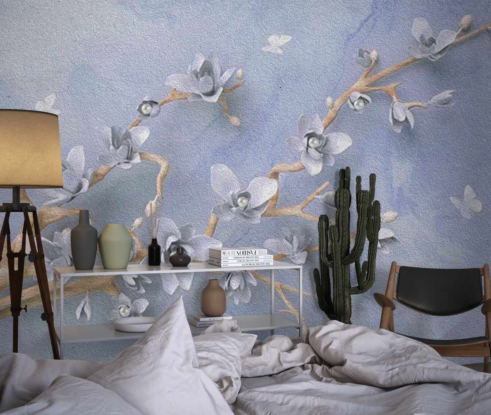 Papier peint branche avec des fleurs blanches