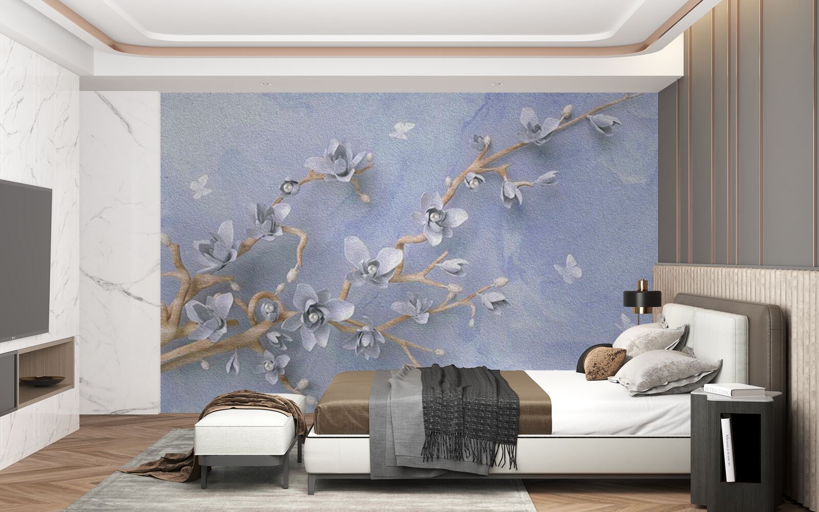 Papier peint branche avec des fleurs blanches