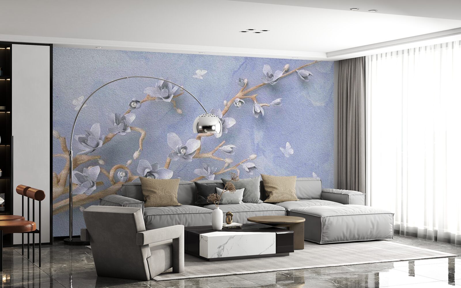 Papier peint branche avec des fleurs blanches