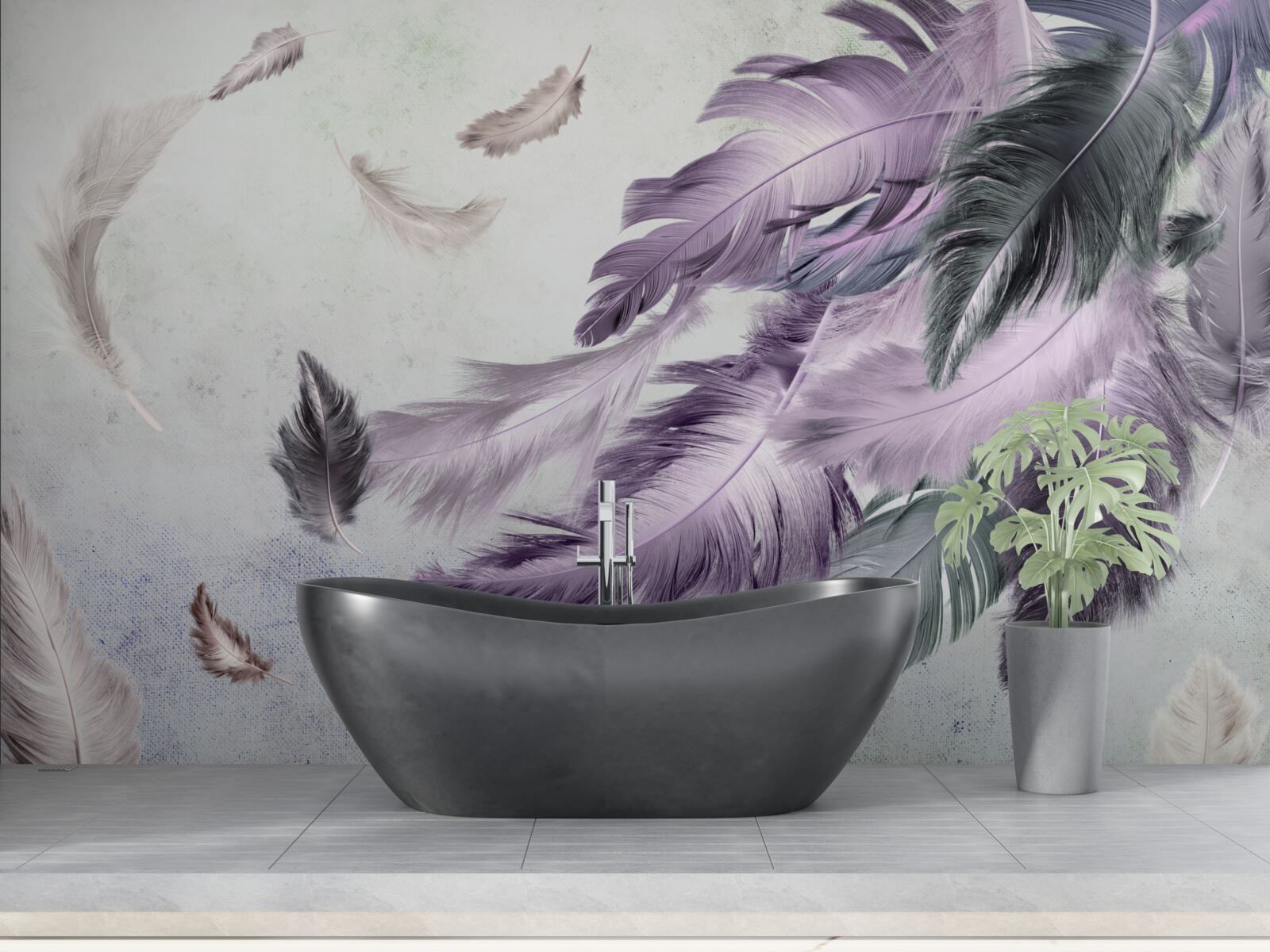 Papier peint plumes volantes violettes