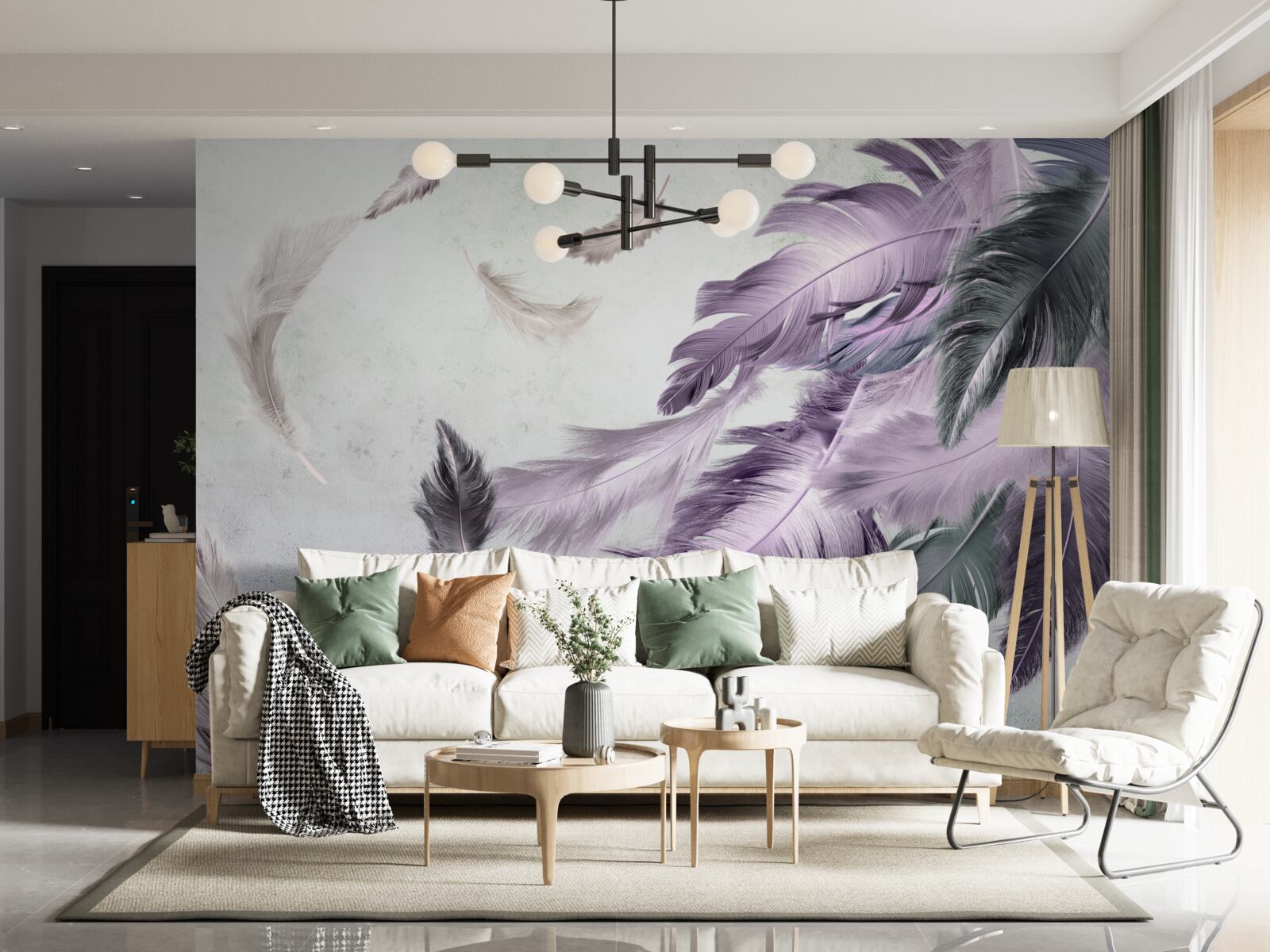 Papier peint plumes volantes violettes
