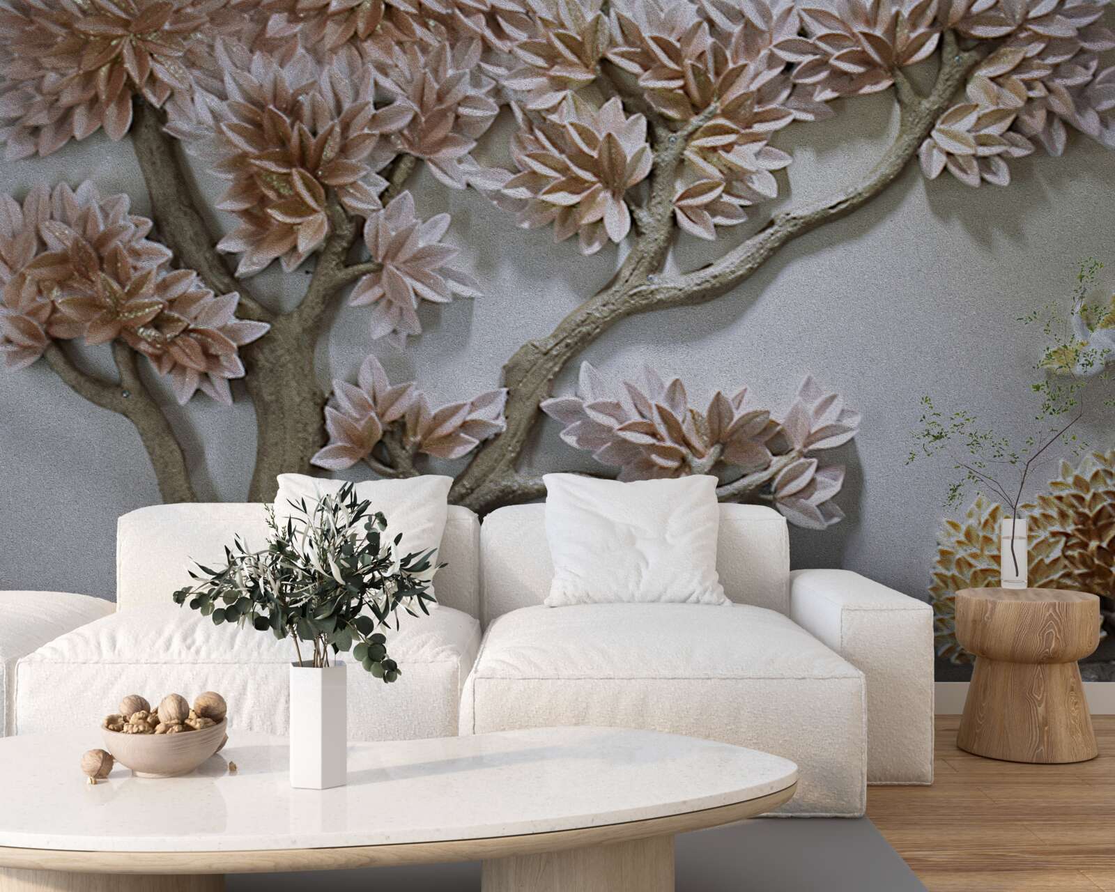 Papier peint arbre majestueux avec feuilles et oiseaux