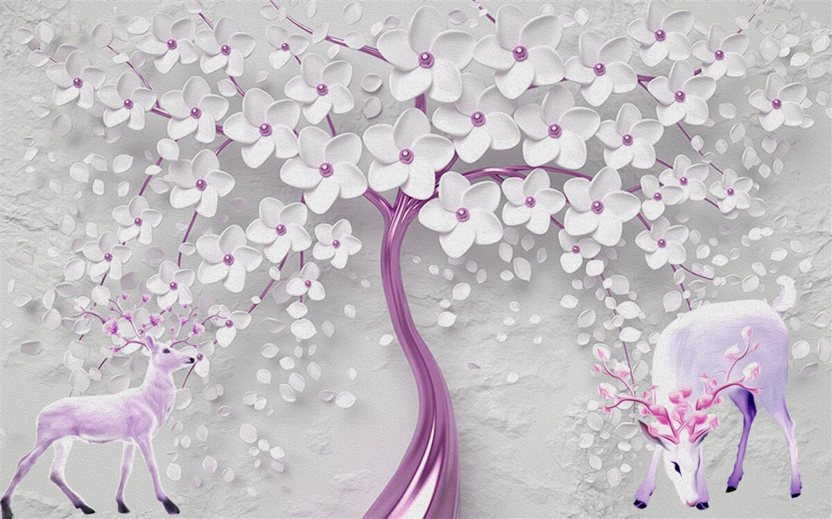 Papier peint arbre avec des fleurs blanches et des cerfs