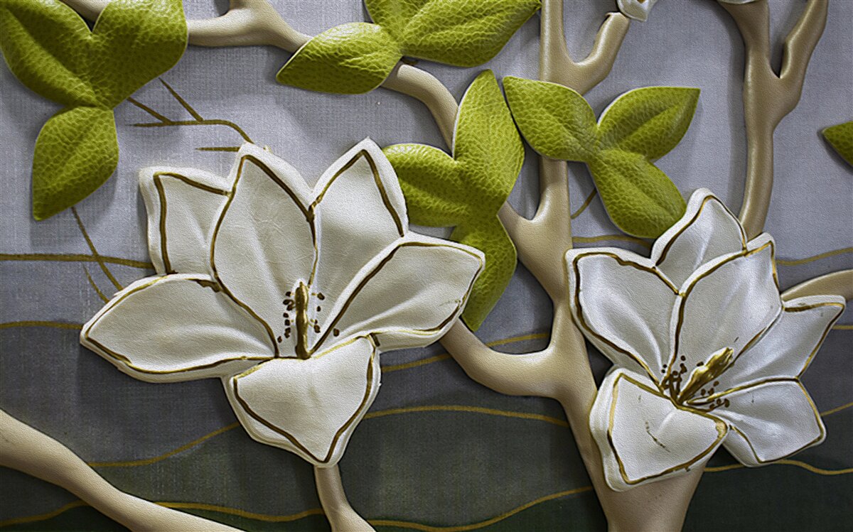 Papier peint magnolia avec des fleurs en porcelaine sur des branches vertes