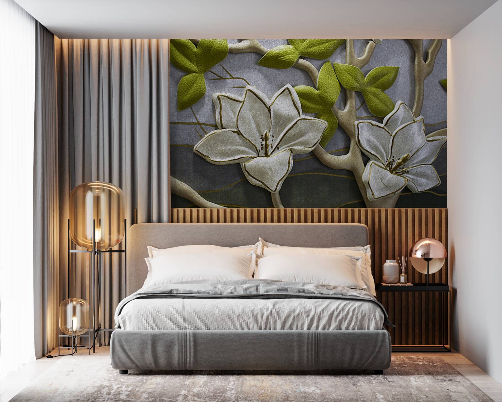 Papier peint magnolia avec des fleurs en porcelaine sur des branches vertes