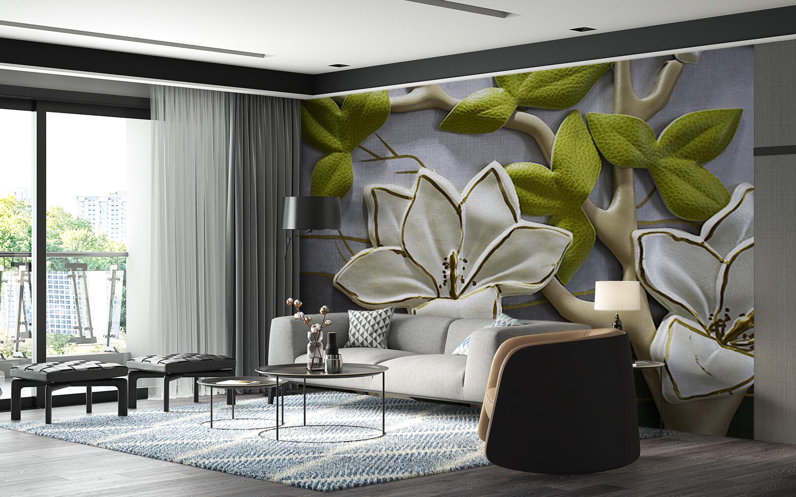 Papier peint magnolia avec des fleurs en porcelaine sur des branches vertes