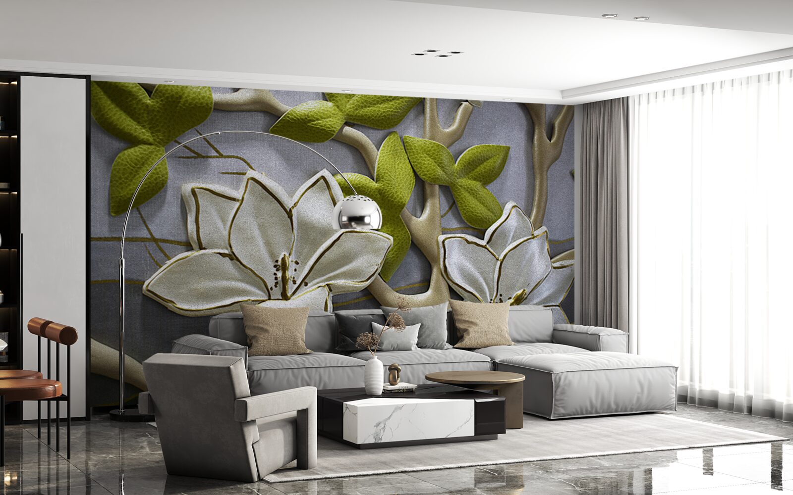 Papier peint magnolia avec des fleurs en porcelaine sur des branches vertes
