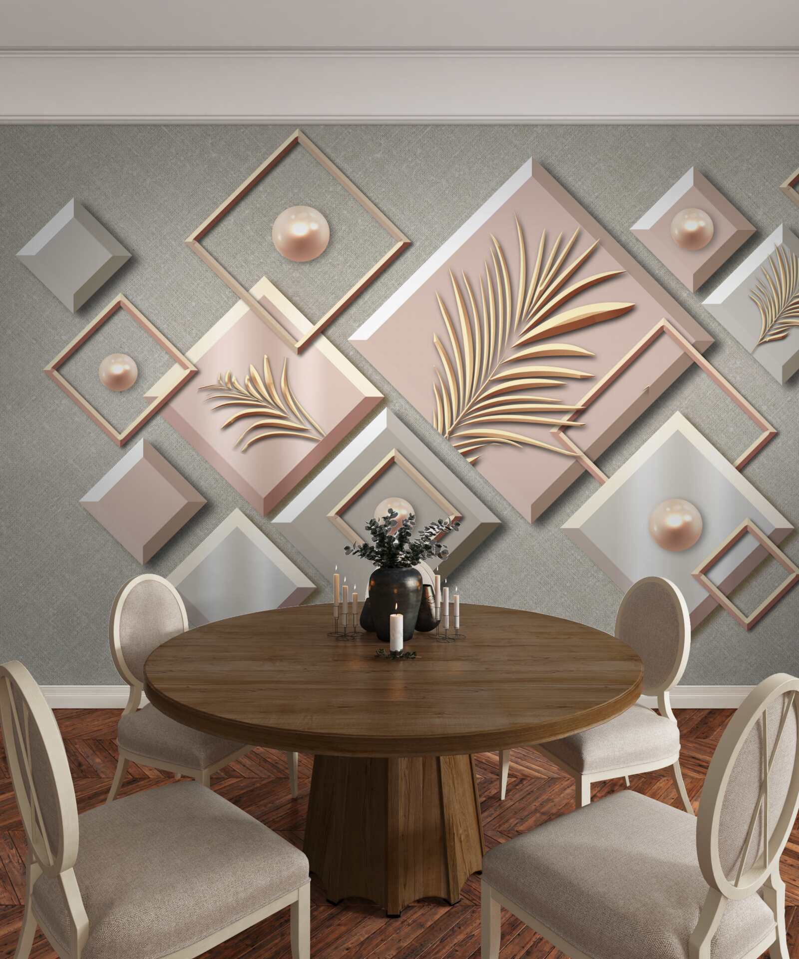 Papier peint abstrait en forme de rectangles avec des feuilles