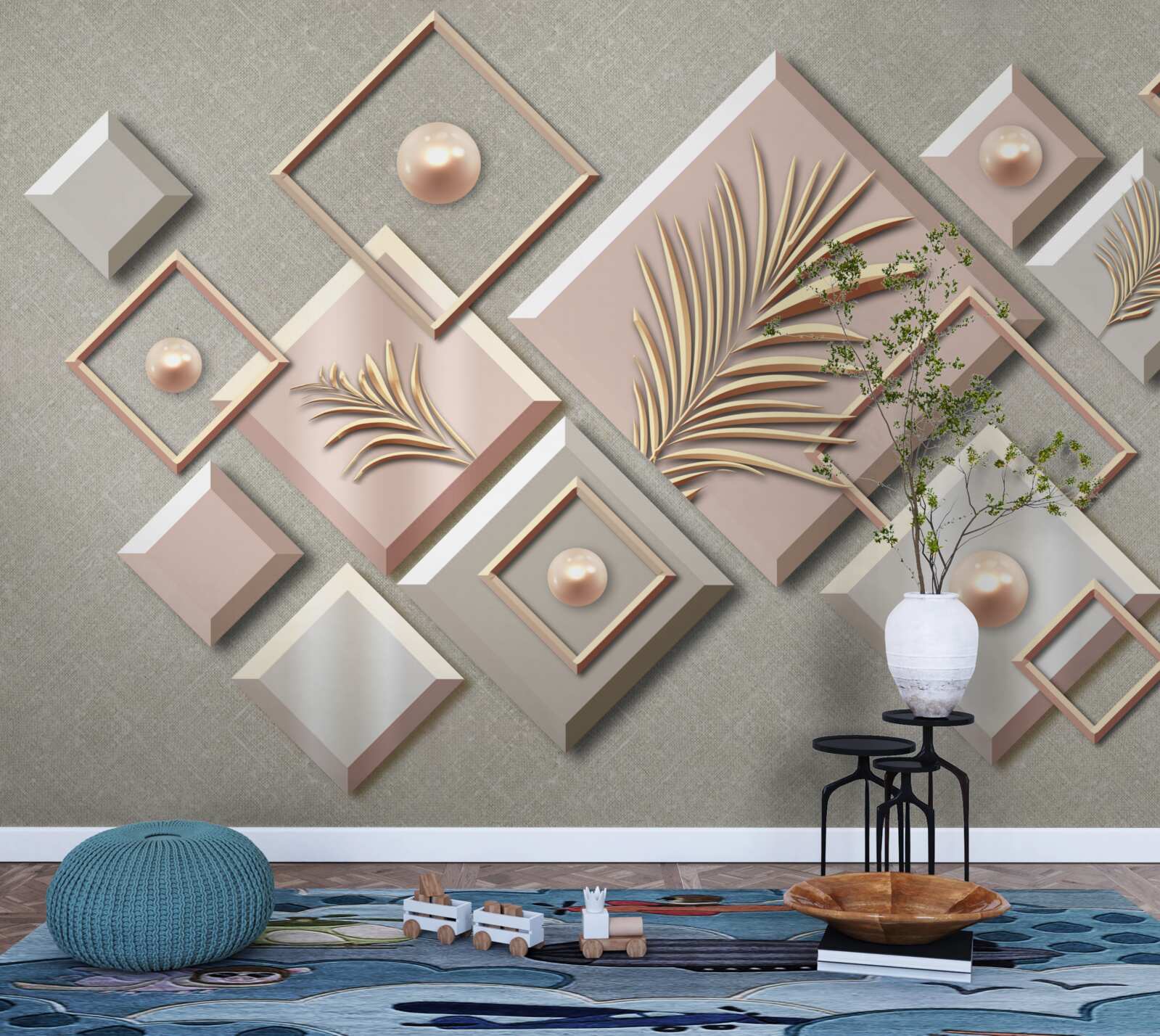 Papier peint abstrait en forme de rectangles avec des feuilles
